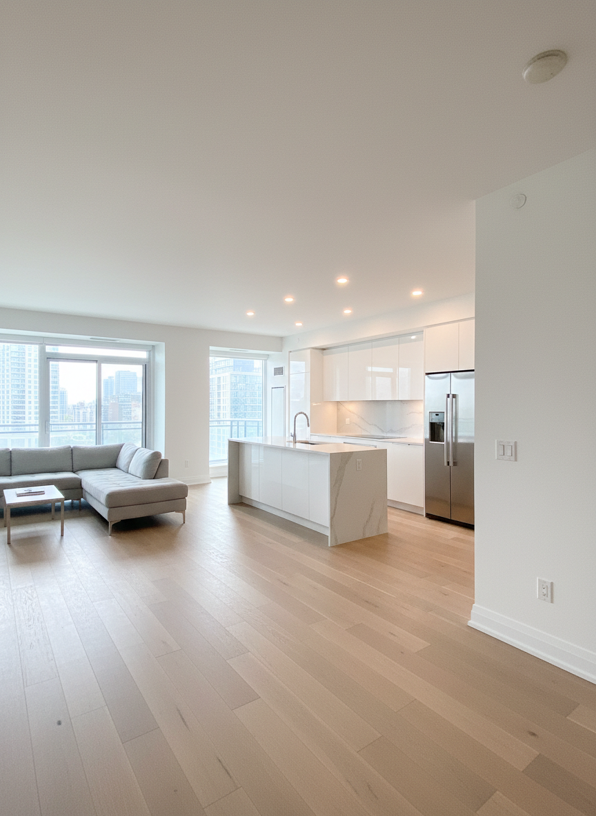 A meticulously renovated open-concept living room and kitchen in a Toronto condo, showcasing smooth white plastered walls, flawless matte ceiling, and wide-plank light oak flooring. A modern, handleless white kitchen with quartz waterfall island faces the living area, where clean baseboards and crisp paint lines highlight professional workmanship. Stainless steel appliances reflect soft natural daylight streaming through a large balcony door, supplemented by recessed LED ceiling lights. The atmosphere feels bright, clean, and move-in ready. Photographic realism, shot at eye level with a wide-angle lens, sharp focus from foreground to background, emphasizing the precision of the renovation details and the seamless flow of the space, with a calm, professional, and trustworthy mood suitable for a high-end renovation company website.
