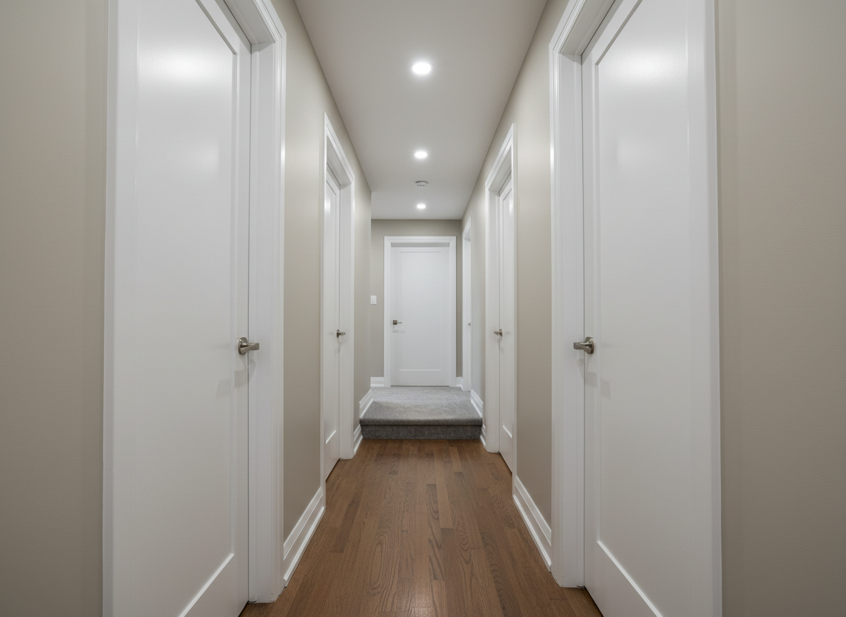 A Toronto duplex hallway mid-renovation completion, showing a long, freshly painted corridor with perfectly aligned modern interior doors in smooth white, each framed by sharp, clean casings. The walls are a soft warm gray with a consistent matte finish, contrasting with bright white trim. Recessed LED ceiling lights run in a straight line, casting even, cool-white illumination that highlights the smoothness of the plastered surfaces. At the far end, a newly carpeted stair edge meets refinished hardwood flooring, demonstrating careful transition work. Photographic realism, shot from a low, centered perspective down the hallway for strong leading lines and depth, emphasizing symmetry, cleanliness, and the polished look of a completed professional renovation.