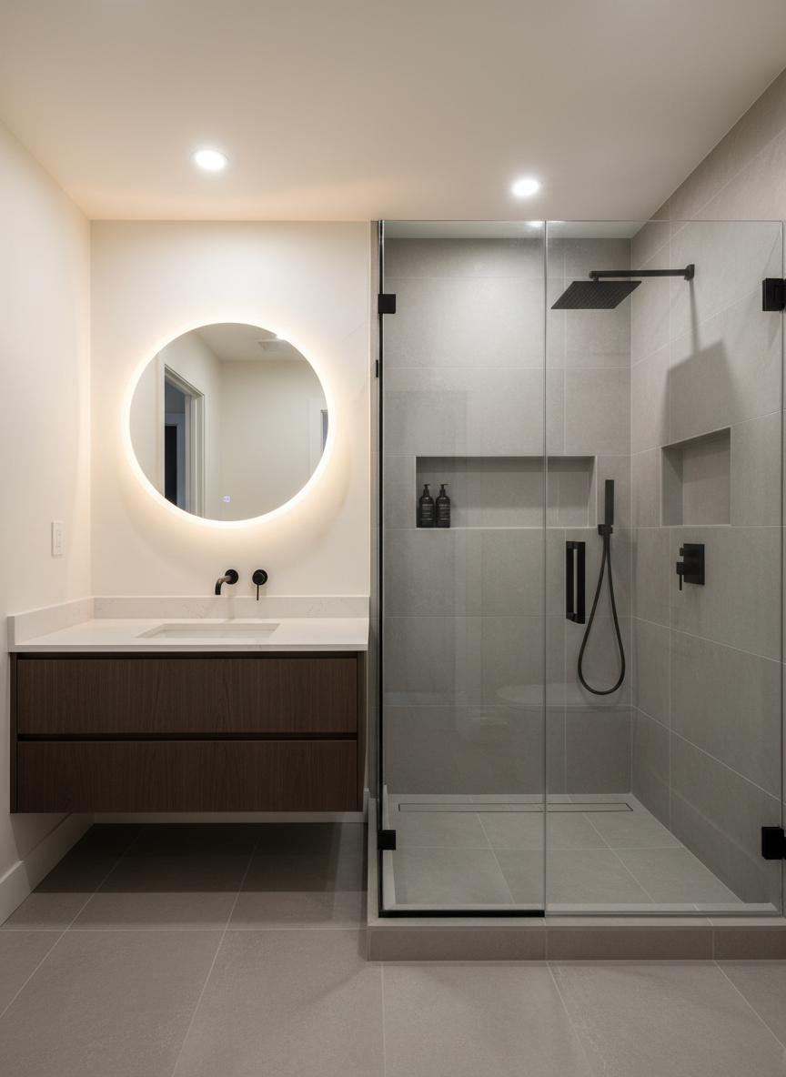 A luxurious newly renovated bathroom designed for a Toronto apartment, with large-format matte porcelain tiles in soft stone gray covering the floor and shower walls. A frameless glass shower enclosure reveals a linear drain, niche shelving, and sleek black fixtures. A floating vanity with a white quartz countertop and integrated rectangular sink sits against a freshly plastered and perfectly painted wall in warm white. An oversized backlit mirror casts a soft glow, complemented by recessed ceiling lights that create even illumination without harsh shadows. Photographic realism, shot at eye level with a medium-wide angle, capturing crisp grout lines, flawless caulking, and clean transitions between materials, conveying a serene, spa-like yet highly professional atmosphere that highlights expert bathroom renovation work.