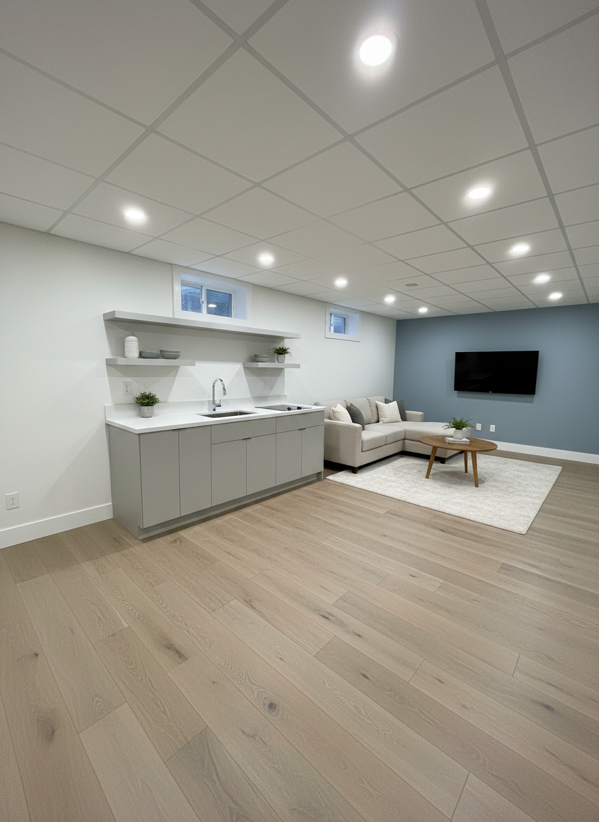 A professionally renovated open-concept basement suite in a Toronto home, featuring new drywall with smooth finishes, recessed pot lights in a drop ceiling, and neutral-toned luxury vinyl plank flooring. A compact kitchenette with flat-panel cabinets in soft gray and a slim quartz countertop is built along one wall, while a freshly painted accent wall in muted blue anchors the living area. Soft, evenly distributed LED lighting brightens the windowless space, avoiding harsh shadows and making the room feel airy. Photographic realism, captured from a slightly elevated corner angle with a wide-angle lens, showing the entire room in sharp detail. The atmosphere is clean, modern, and functional, reflecting high-quality general contracting work for secondary suites and rental apartments.