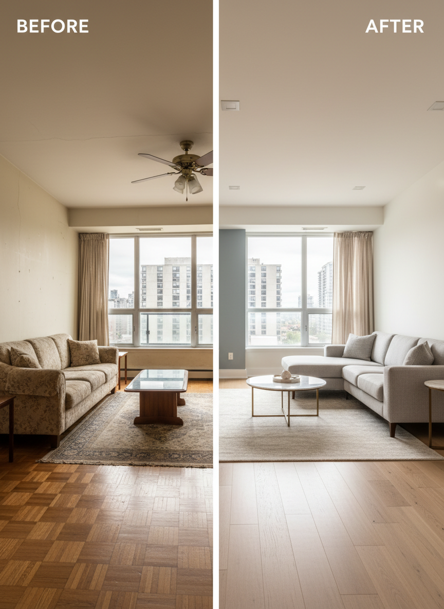A before-and-after split-screen style scene of a Toronto condo living room renovation, left side depicting an outdated space with yellowed walls, worn parquet flooring, and old baseboards, and right side showing the same angle after full renovation. The renovated side includes smooth plastered walls in a crisp warm white, new wide-plank engineered hardwood, and simple contemporary white trim. A freshly painted feature wall adds subtle contrast. Natural daylight from a balcony window mixes with new recessed lighting on the renovated side, creating a brighter, more upscale feel. Photographic realism, composed symmetrically with a vertical dividing line, emphasizing the dramatic transformation a professional renovation contractor can achieve while maintaining accurate, realistic details in both states.