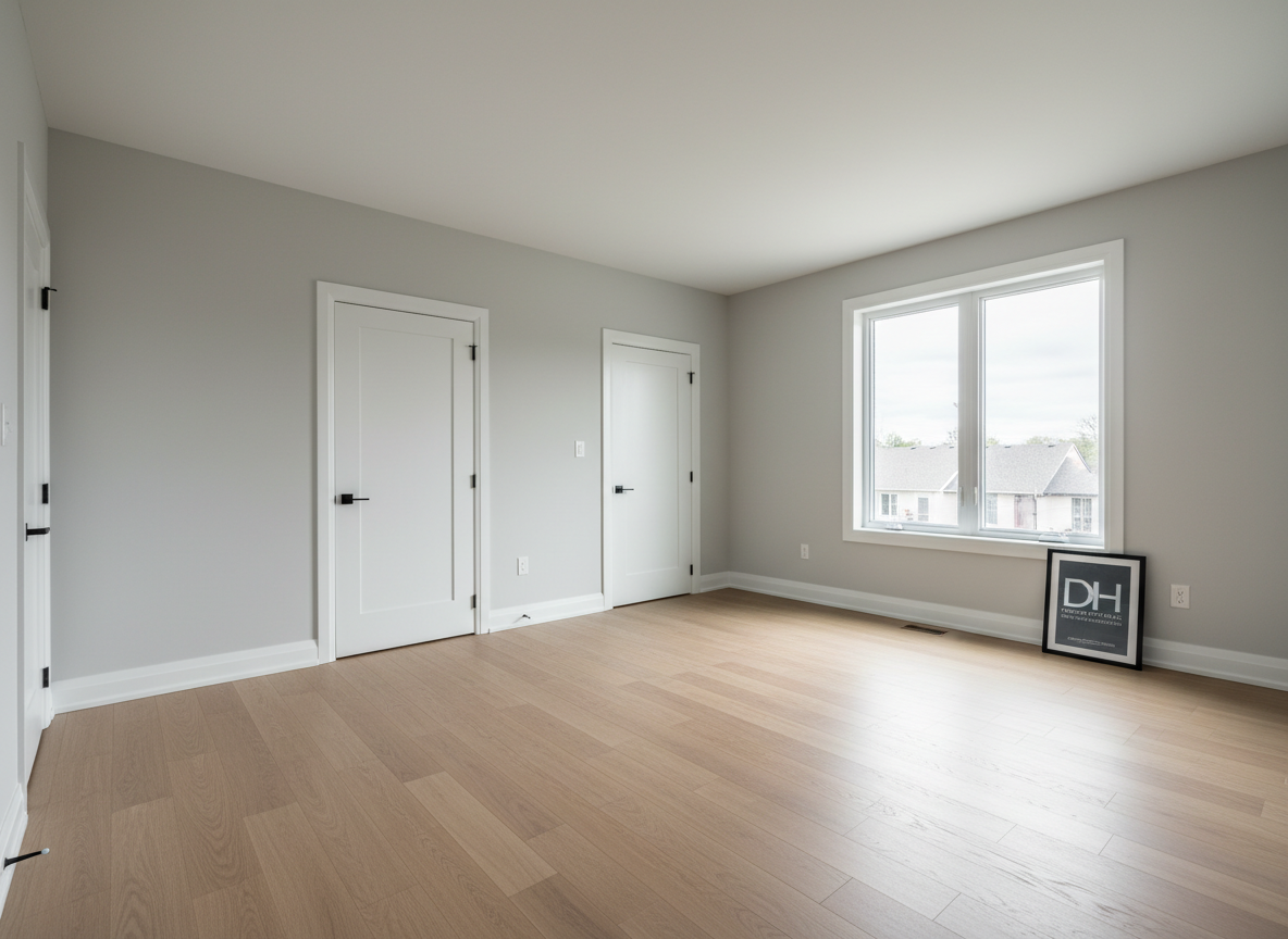 A newly renovated rental apartment living space in Toronto, focused on durability and style. The room features fresh, uniform light-gray walls, smooth flat ceilings, and high-quality vinyl plank flooring in a natural oak tone. Simple, modern white interior doors with black hardware line one wall, and new trim and casings are installed with flawless caulking and paint. Large windows admit diffused daylight, softened by a cloudy sky, casting gentle shadows that highlight the straight lines and even surfaces. Photographic realism, captured from an eye-level, slightly wide-angle perspective, with sharp focus throughout. The atmosphere is neutral, professional, and move-in ready, ideal for showcasing DH Property Group Inc’s residential apartment renovation capabilities for landlords and property managers.